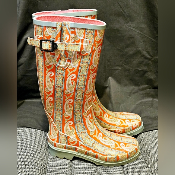 Tamara Henrique Paisley Pink Green Rain Boots Reduced from $90 - Picture 4 of 6